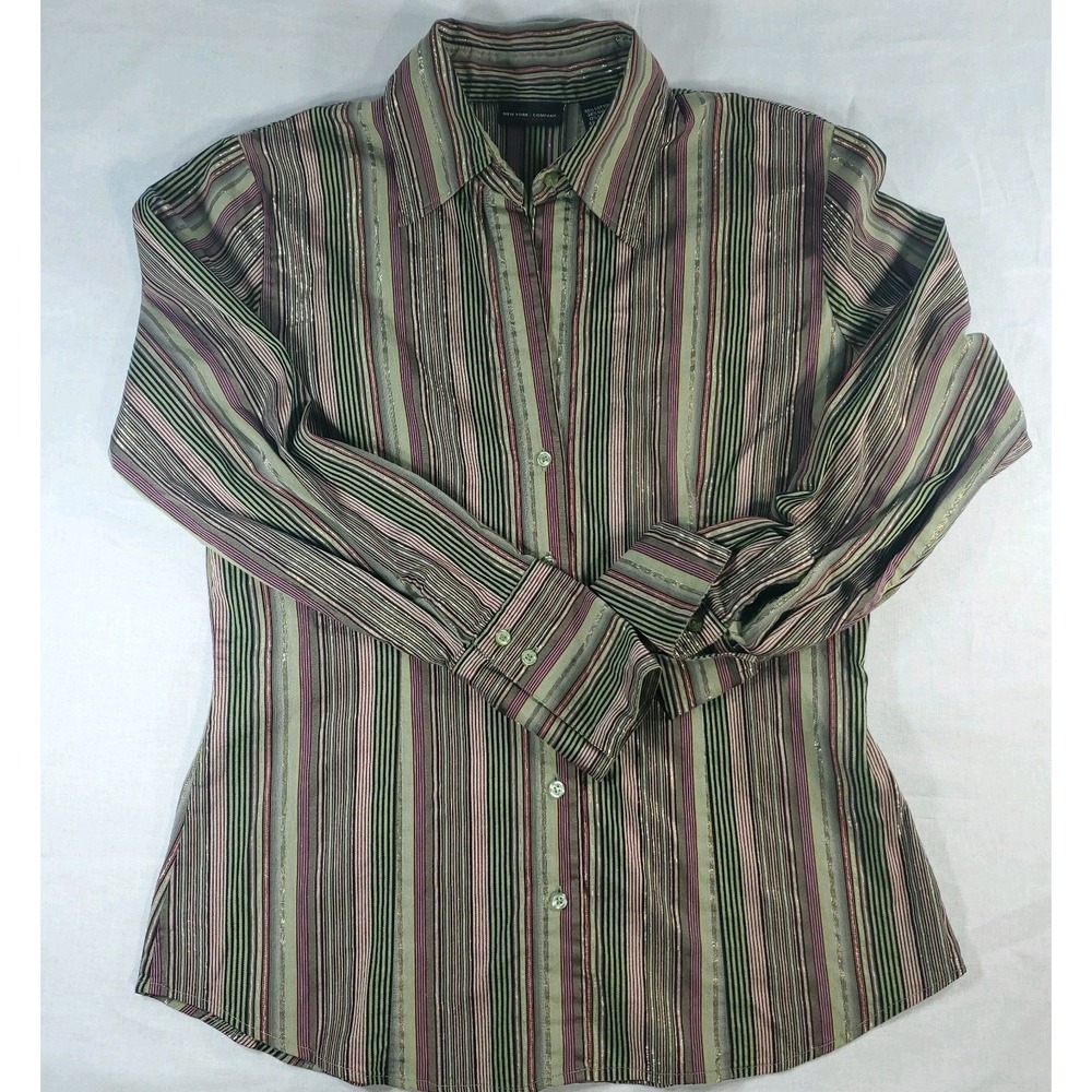 New York & Co Womens Long Sleeve Blouse Large Green/Red/Metallic Stripe Button